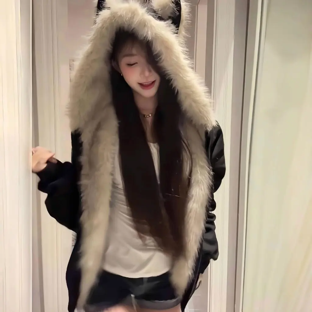 

Black Suede Fur Collar Cotton Jacket Women's Thickened Autumn Winter Coat Cat Ears Design For Couples Matching Clothes