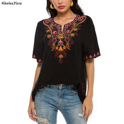 KHALEE YOSE Black Floral Embroidery Blouses Shirt Summer Boho Hippie Mexican Shirt Short Sleeve 23xl Ethnic Chic Shirt Women Top