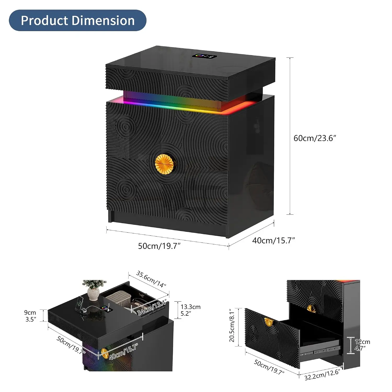 LED Nightstand RGB Light Lockable Hidden Drawer Bedroom Furniture Black, Customized