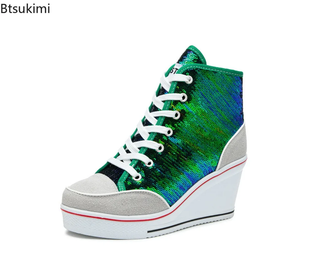 

Женские высокие кеды на танкетке с увеличением роста, на шнуровке, модные повседневные женские кеды из канваса с пайетками, женская обувь