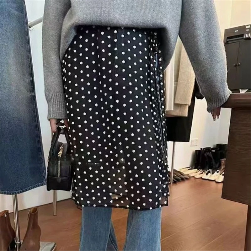 

Korean Gauze Long Half Skirt for Women Tie Up Vintage Flower Dots Pattern Covering Apron Skirt Scarf Streetwear