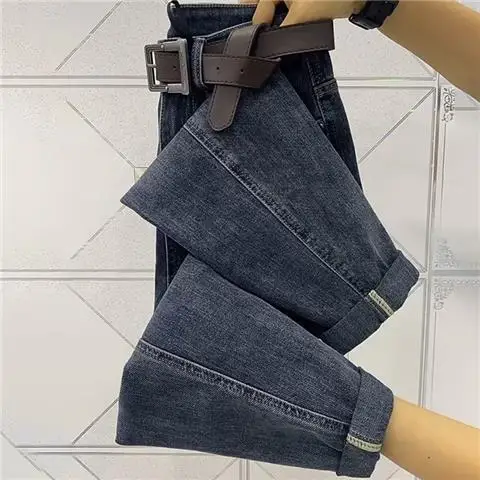 

Trendy Loose Elastic Waist Jeans for Women Ankle-Tied Cropped Harem Pants Spring and Autumn High Waist Cargo Jeans Women XK110