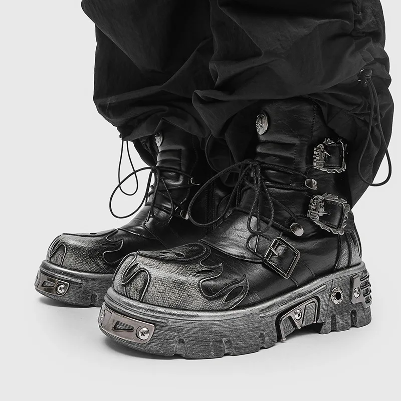 

New Punk Style Brown Thick Soled Boots Retro Skull Metal Buckle Platform Zipper Motorcycle Boots Men's High-Top Boots Size 38-46
