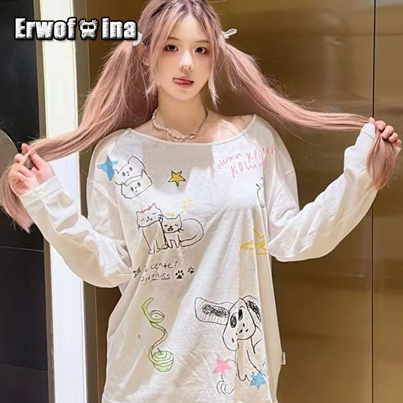 

Erwofeina Hotsweet Graphic T Shirts Print Cartoon Graffiti Loose Long Sleeve 2000s Clothes Y2k O-neck Female Clothing Chic Tees
