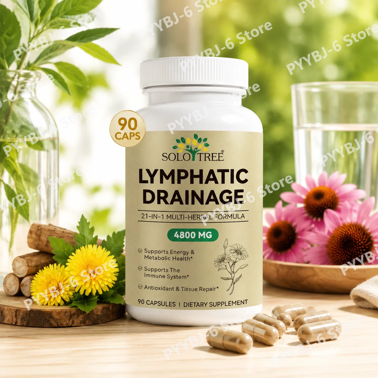 SOLOTREE Vegan 21-in-1 Liposome Lymphatic Drainage 4800mg Capsules - Lymph System Support Immune & Detox Fluid Balance 90ct
