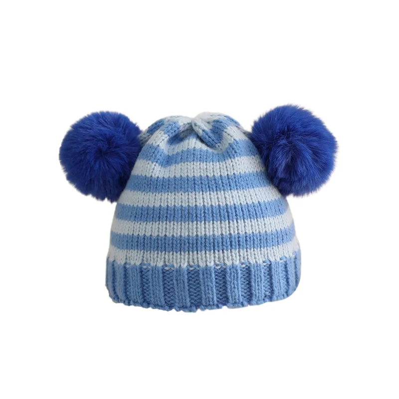 Kids Knit Hat Cute Plush Balls Soft Thickened Striped Beanie Warm Winter Cap for Girls Boys