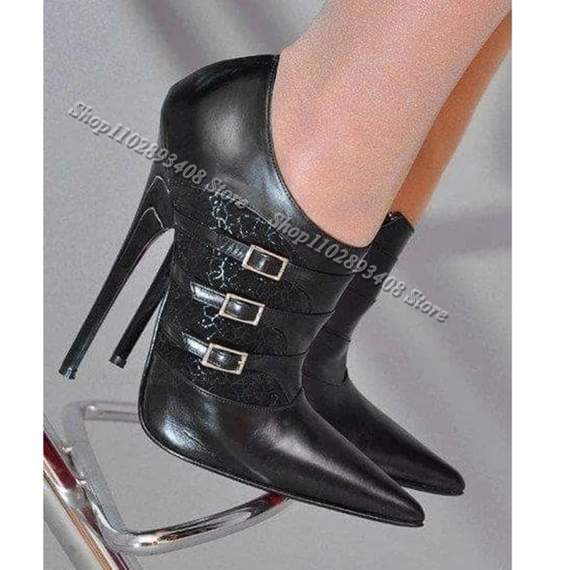 Black Splicing Ankle Buckle Pumps Pointed Toe Stiletto Side Zipper Stylish Spring Party Dress Women Shoes Zapatos Para Mujere