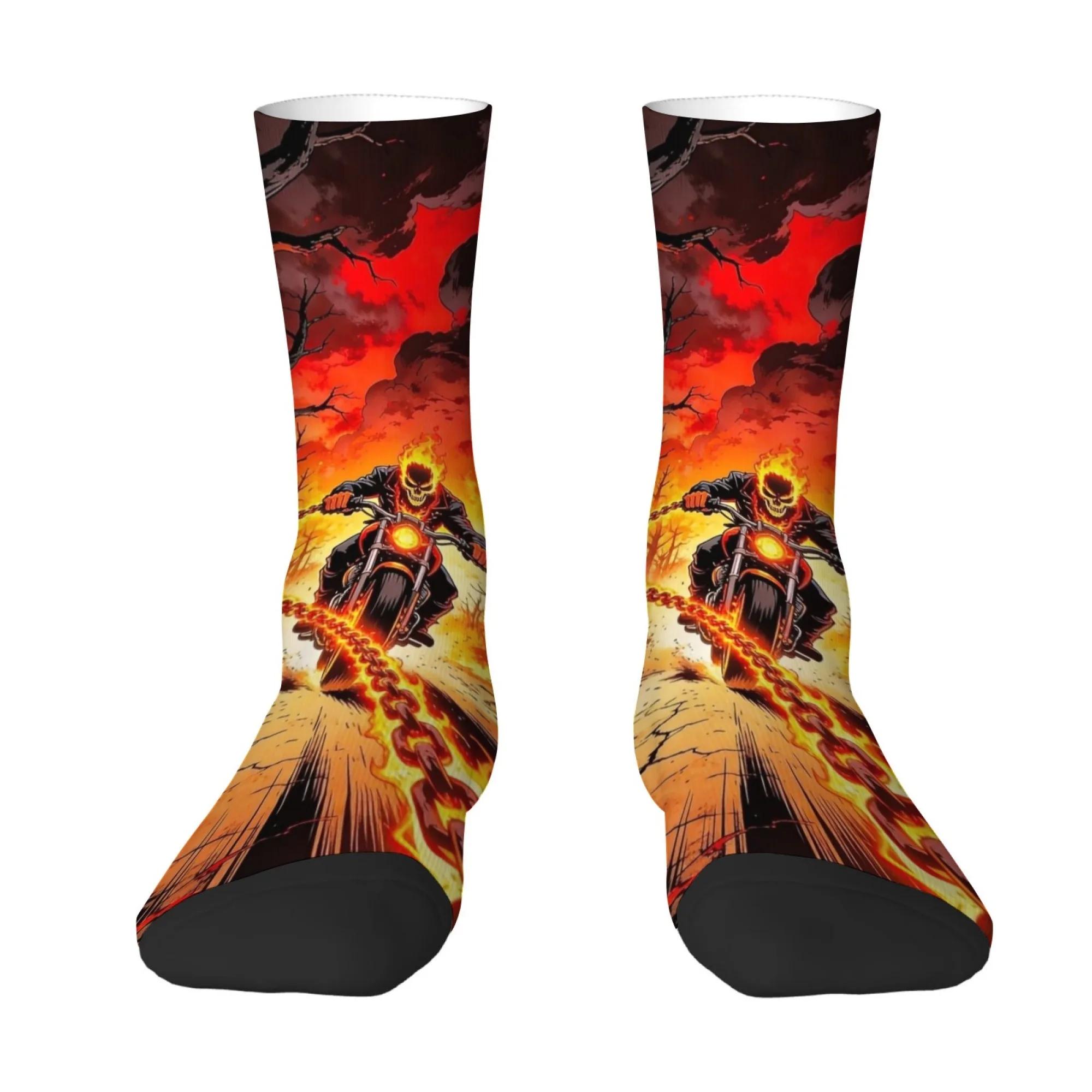 Flame Motorcycle Skull Print Men's Socks Comfortable Skin-Friendly Breathable Street Hip Hop Fashionable Outdoor Funny Fun Socks