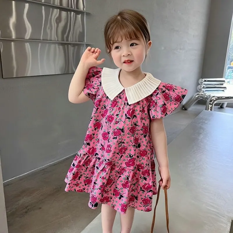 Girls' Skirt Crumpled Collar Flounced Sleeve Flower Dress Princess Dress25Summer New Foreign Trade Children's Wear Delivery