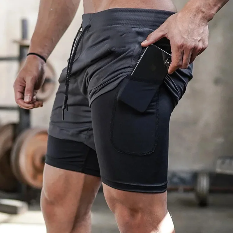 Men's Double Layer Fitness Shorts Men Fitness Gym Training 2 in 1 Sports Shorts Quick Dry Workout Jogging Double Deck Summer