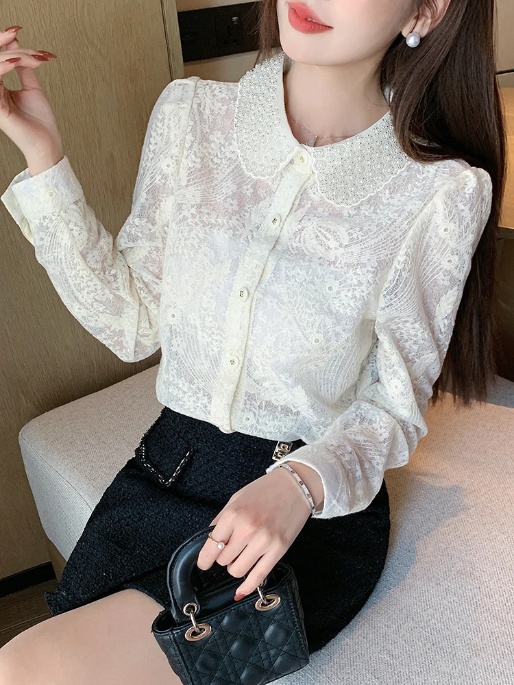 Stylish Beaded Hook Embroidered Blouse Women Long Sleeve Shirts Turn-Down Collar Elegant Office Ladies Shirts Female 2025 New