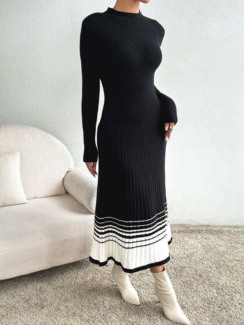 

GUWU Women's Fur Warm Maxi Long Knit Dress Fall Winter Street Black White Striped Pleated Sweater Dress