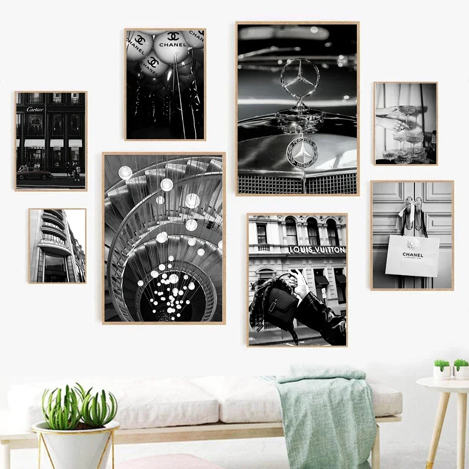 Cuadro sobre lienzo para pared de moda de lujo, globo de coche blanco y negro, bolsa de Perfume, escalera, champán, póster nórdico, decoración de habitación
