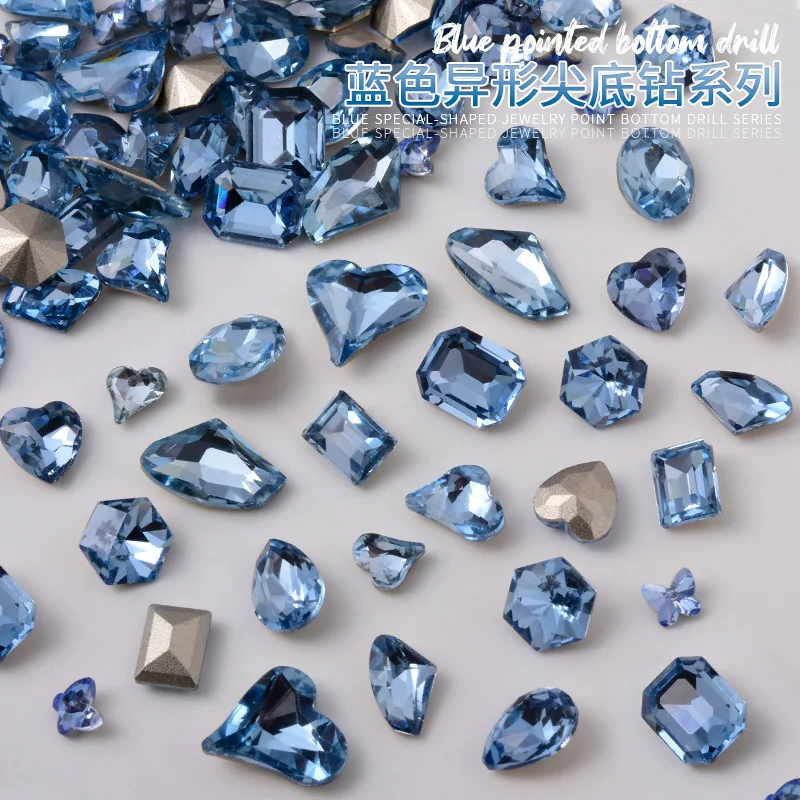 YYM 50PCS Elegant Light Blue Crystal Nail Art with Large Rhinestones and Light Blue Butterfly Nail Accessories