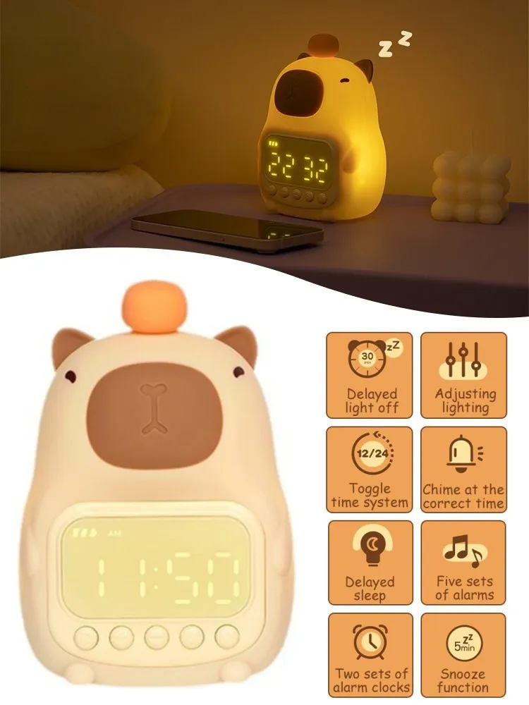 Night Light with Digital Clock Cartoon Design Cute Shapes Brighten Up Night Easily Adjust Brightness Silicone Light Clock