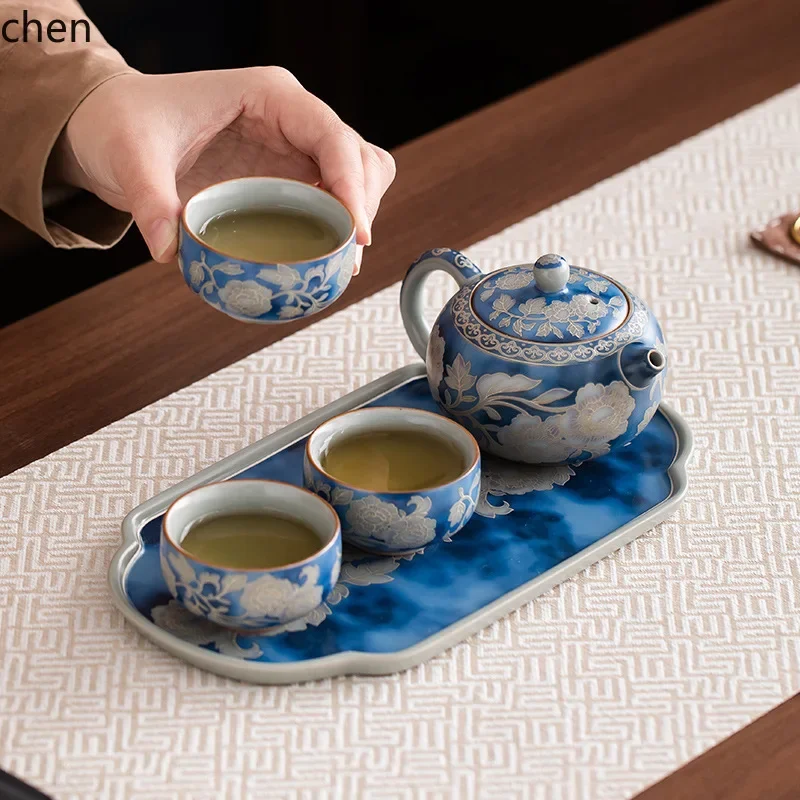 O15- blue and white porcelain teapot and three cups tea set - premium gift set