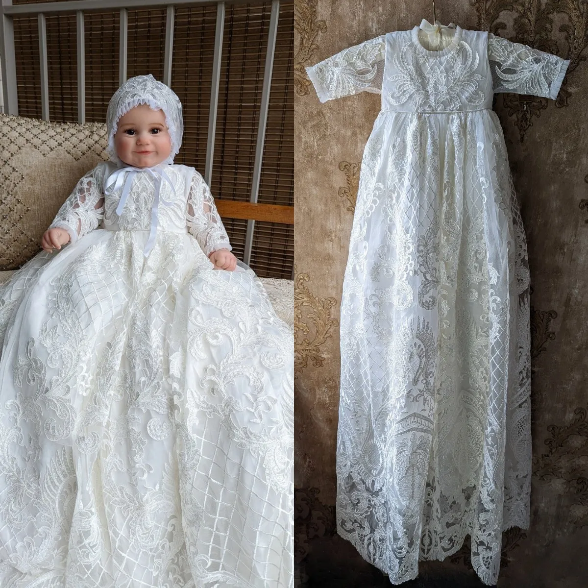 Vestido de batismo de renda elegante para o bebê manga longa primeiro comunhão vestido infantil da criança vestidos de batismo