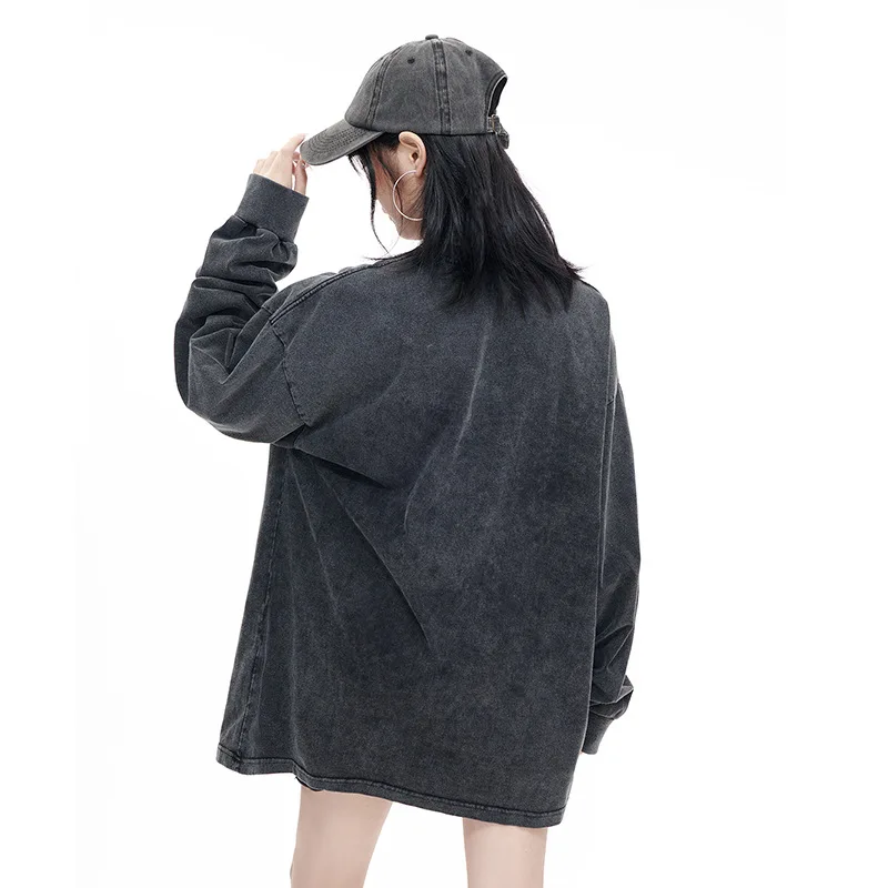 

Washed Oversized T-shirt Women Men Drop-shoulder Casual Loose Vintage Long-sleeved Crew Neck Tee Plus Size 3XL Solid Tops