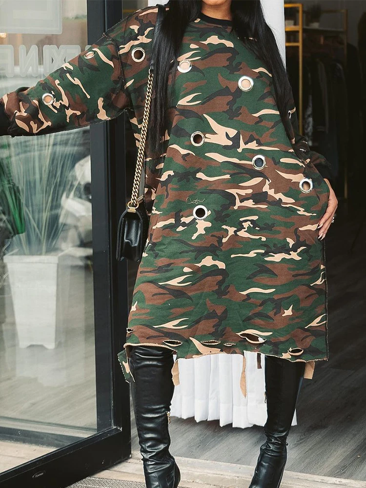 Chic and Elegant Woman Loose Dress Hollow Out Streetwear Long T-shirt Dress Large Camouflage Print Lady Casual Dresses Plus Size