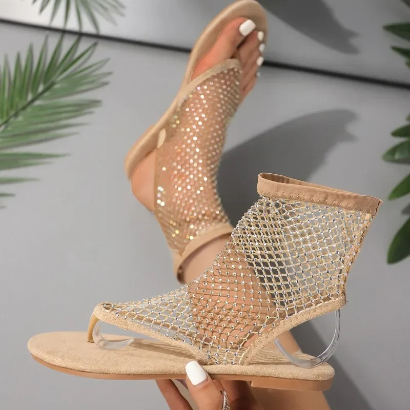 2024 Hot Sale Ladies Shoes Slip on Women's Sandals Summer Solid Net Cloth Open Toe Low-heeled Large Size Roman Thong Sandals image 4