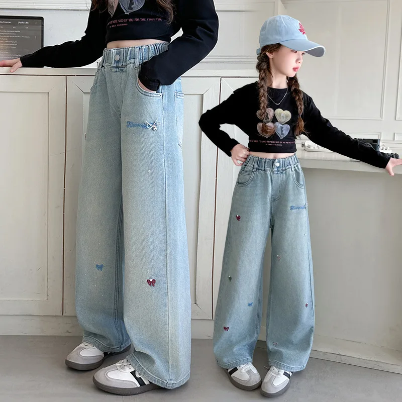 Wide Leg Jeans for Girls 2025 Autumn Pants for Kids Bow Embroidery Design Fashion Casual School Teenage Children Trousers 4-15Y