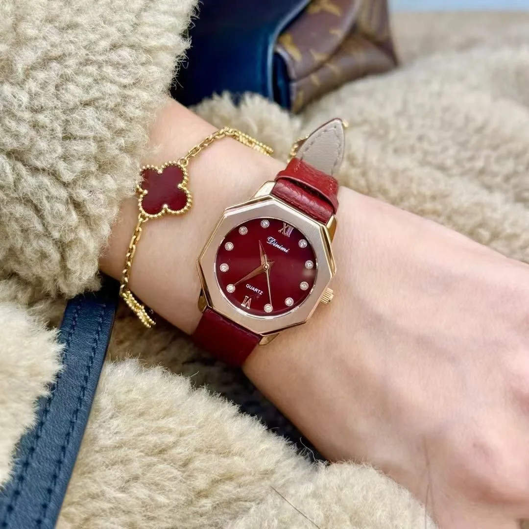 Women Quartz Watch Luxury Diamond Reloj Vintage Red Leather Strap Clock Ladies New Stainless Steel Orologio Rose Gold Wristwatch