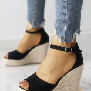 01 Alpercatas femininas cunhas peep toe sandálias plataforma tornozelo cinta sapatos de salto alto bombas femininas praia casamento senhoras sandálias 6 principais vendas alpercatas senhora salto cunha - №2