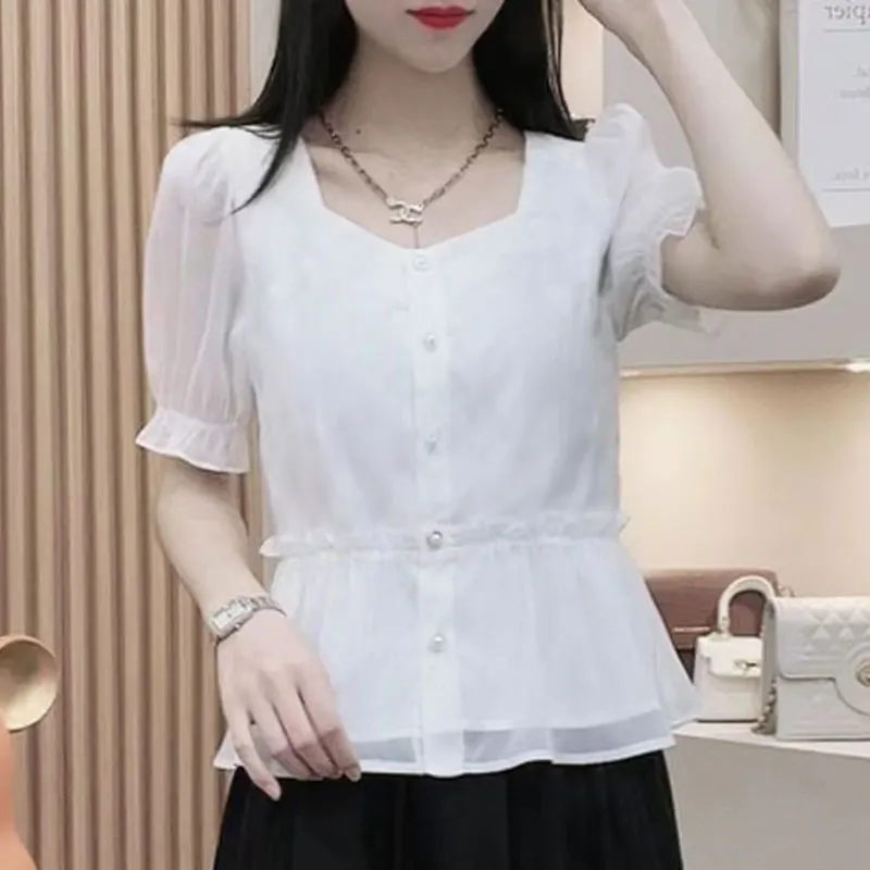 Casual Square Collar Blouse Chic Pearl Single-breasted Sweet Female Clothing Solid Color All-match Summer Spliced Chiffon Shirt