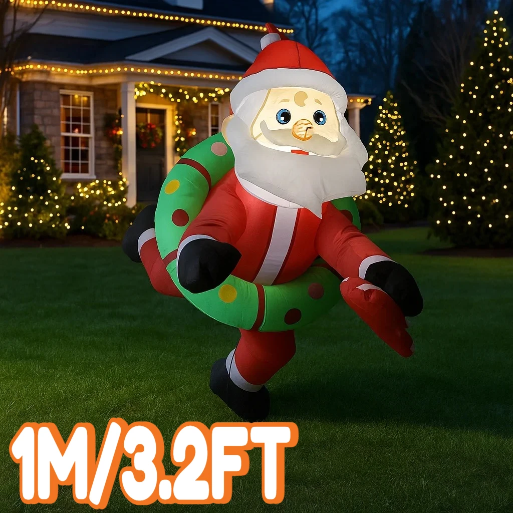 1M/3.2FT Inflatable Santa Claus with Wreath and Candy Cane Lights LED Home Holiday Lighting Decoration Yard Xmas Decor Supplies