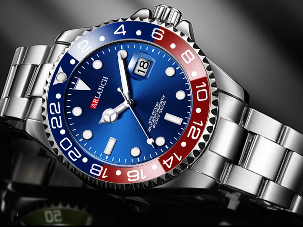 Business-Edelstahluhr 40mm Klassische Rot-Blaue Kreis-Taucheruhr mit Vergrößerungsglas und Kalender Quarzuhren montre homme – Detail 6