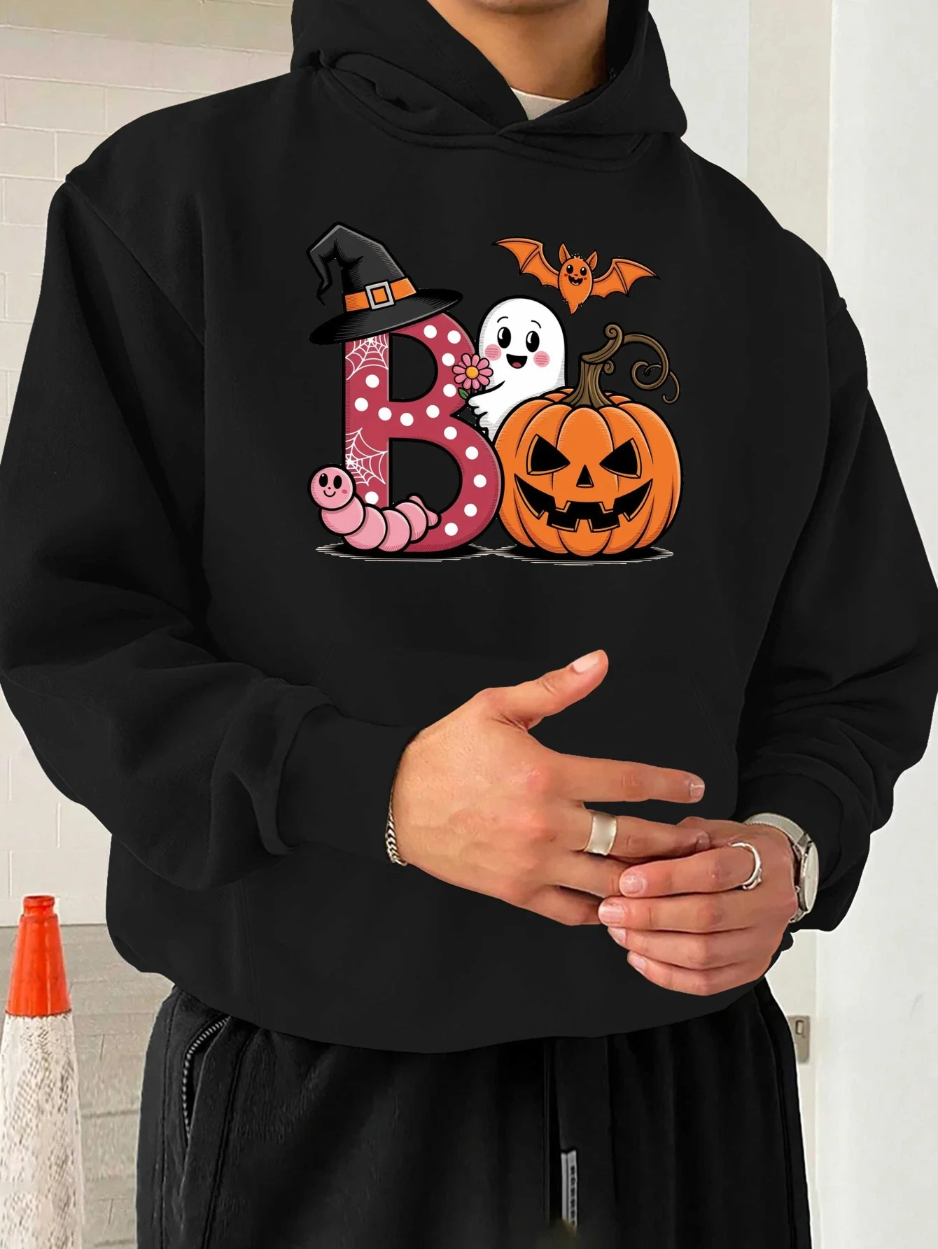 

Мужская спортивная толстовка с капюшоном 2025 года — жуткий принт «Бу и летучая мышь» с летучими мышами, тыквой, ведьмы и призраками