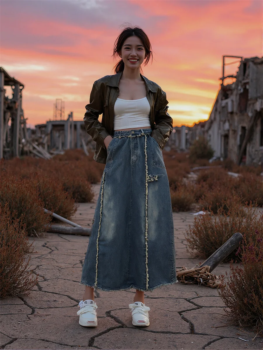 

Ankle length Denim Skirts Womens Midi Layered Pleated Ruffle Cake Patchwork Modern Feminina Chic Artistic Elegant Soft Tiered