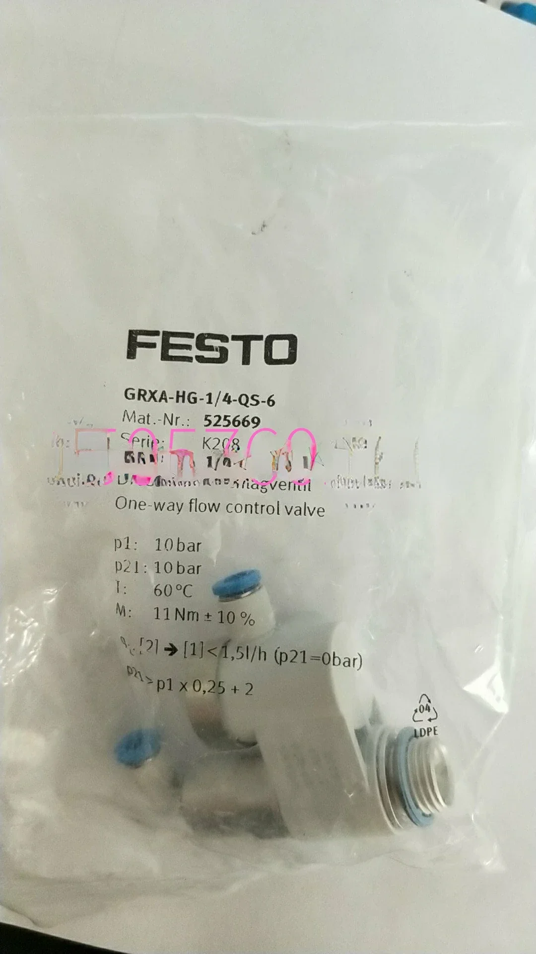 

Festo FESTO GRXA-HG-1/4-QS-6 One-way Valve 525669 Brand New Genuine Stock