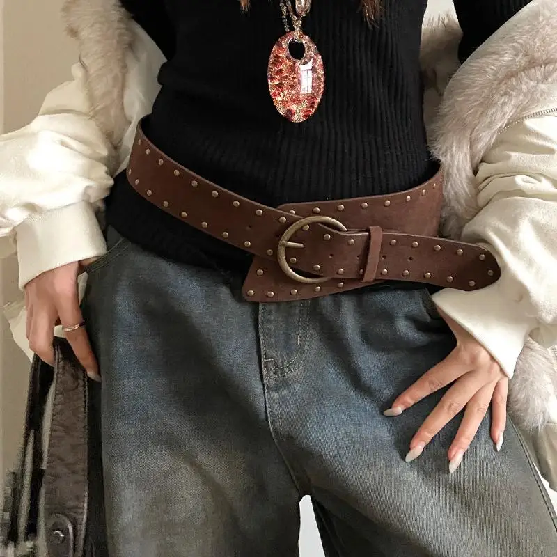 Retro Suede Rivet Belt Punk Gothic Western Cowgirl Wide Cummerbunds Waistband Y2K Irregular Belt〔CC55〕