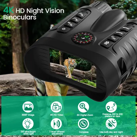 Night Vision Binoculars 36MP 4K 400m Darkness Detection Range Telescope 8x with Mechanical Compass External White LED NV2185
