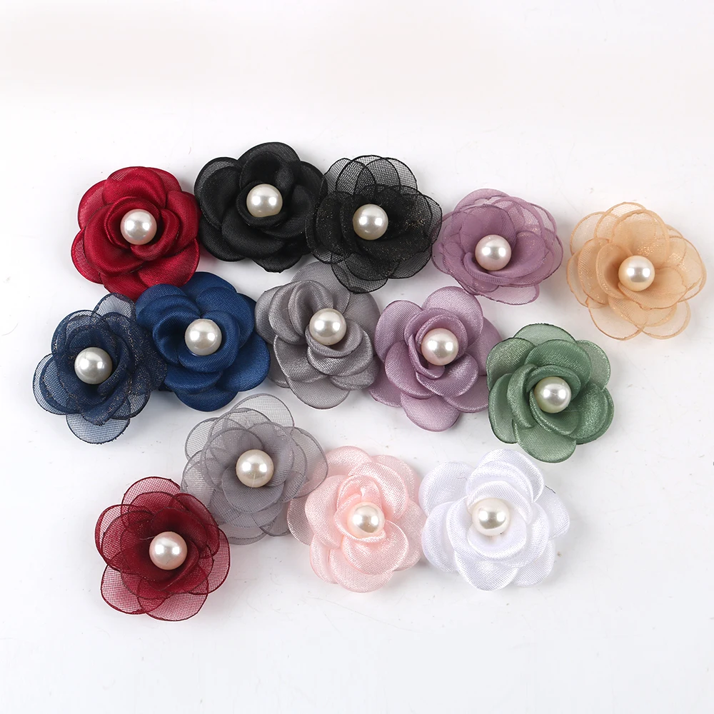 10pcs Fabric Pearl Rose Flower Diy Hairpin Headdress Brooch Garment Mesh Accessories Accessories