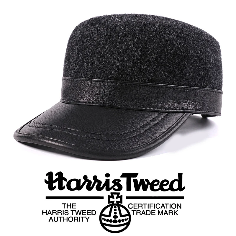 Harris Tweed Men Flat Top Duckbill Cap New Arrival Wool & Sheepskin High Grade Autumn Winter Warm Retro Casual Hat