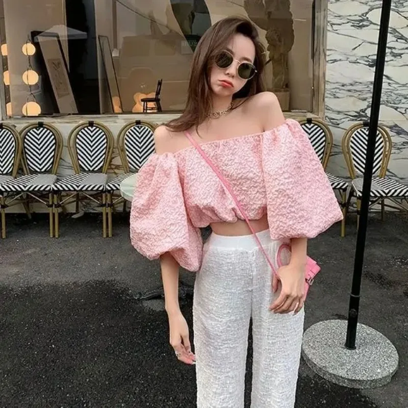 Women Street Hot Girl Off Shoulder Puff Sleeve Jacquard Crop Top Holiday Beach Blouse