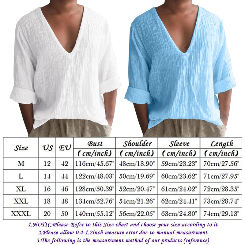 Men Casual Blouse Cotton Polyester Shirt Male Solid Color Long Sleeve Tee Summer V Neck Wash Cotton Shirts Tops