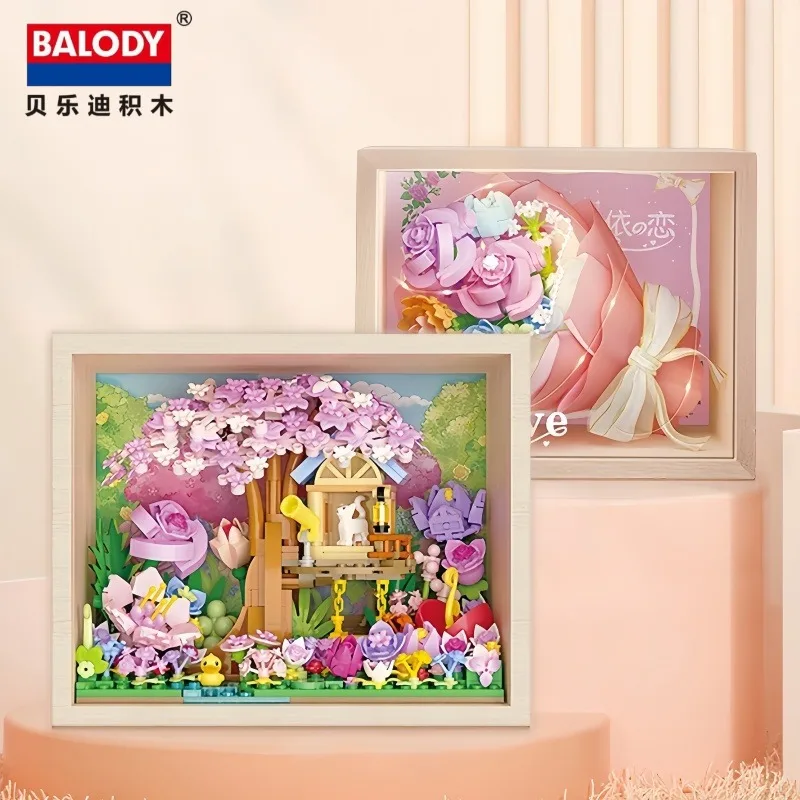 BALODY Cherry Blossom Garden Assembling Building Rose Bouquet Picture Frame Kawaii Desktop Toys Ornaments Children Holiday Gifts
