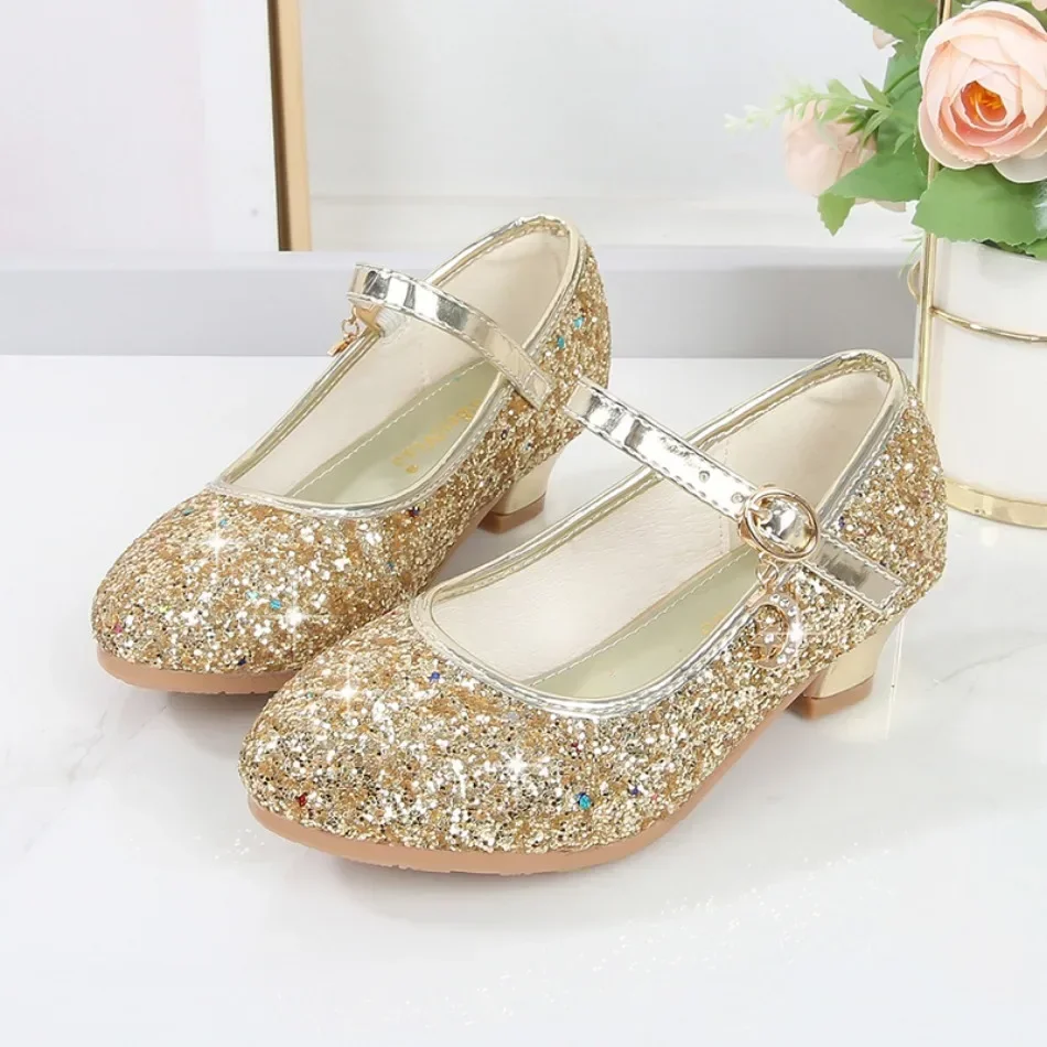 Girls Shoes Children High Heel Glitter Crystal Sandals Fashion Buckle Kids Princess Dance Shoe Student Performance Leather Shoes