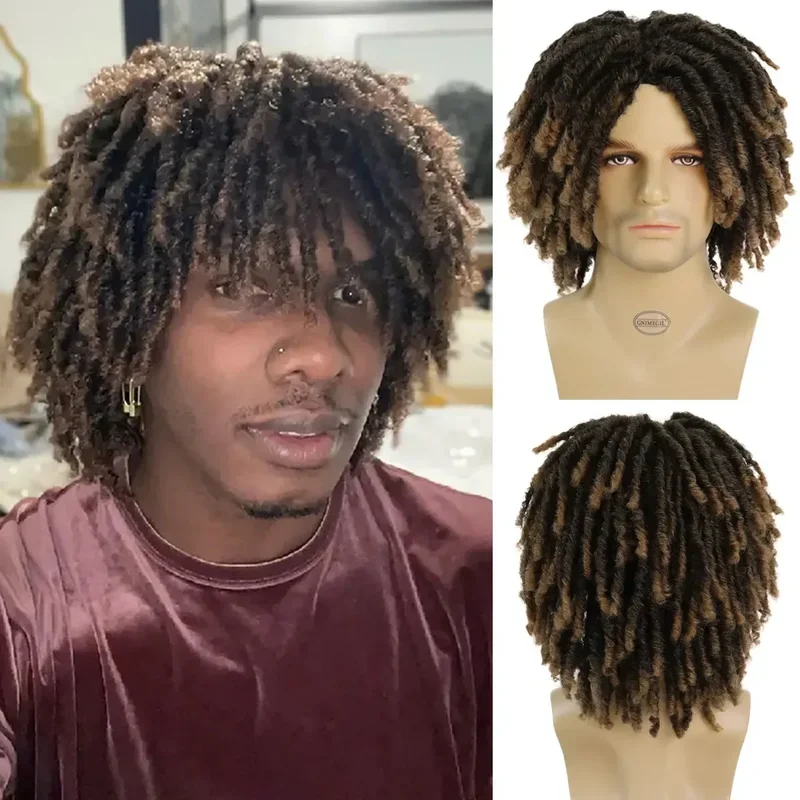 GNIMEGIL Synthetic Dreadlocks Wig for Men Braided Wig Brown Ombre Man Wig Afro Bob Wig Locs Crochet Twist Hair Short Wigs Rock