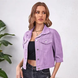 Womens Jean Jacket Cropped Denim Jackets Stretchy 3/4 Puff Sleeve Distressed Shacket With Pockets Purple Yellow White Outerwear