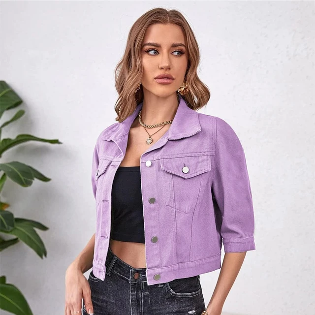 Purple cropped denim jacket store