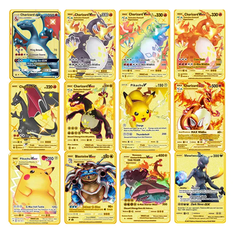 Tarjeta de Metal en inglés de Pokémon, Anime Pikachu Charizard Mewtwo Blastoise Vmax, juego de cartas brillantes, tarjeta de colección, juguetes para niños, regalos