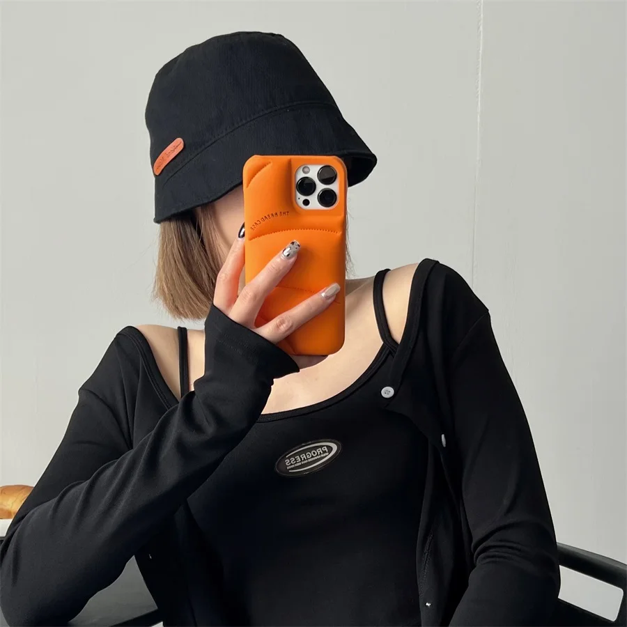 Fashion The Bread Case For iPhone 15 14 13 12 Pro Max Plus Down Jacket Puffer Phone Case Shockproof Orange Cover