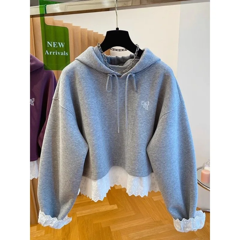 

Fashionable Hem Lace Splicing Purple Sweatshirt for Women 2025 New Loose Fake Two-piece Hooded Top