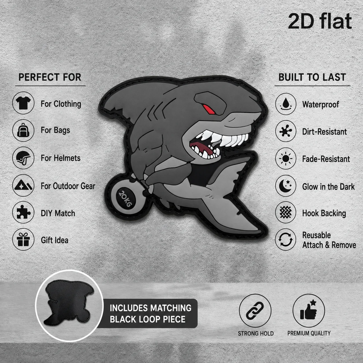Specifications Available: 1Pc/2Pcs/3Pcs. Waterproof and Durable Pvc Shaped Patches, Rubber Labels, Glow-In-The-Dark Cartoon Shark 20kg Pattern Hook-And-Loop Patches, with a Free Backing Sheet. Suitable for Bags, Clothing, DIY Personalized Accessories
