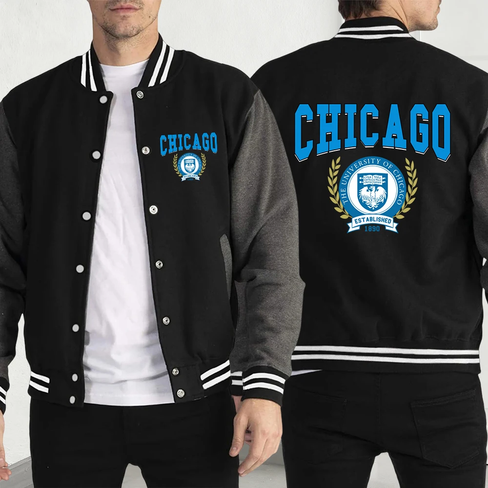 

The University Of Chicago Est Print Mens Retro Coat Casual Pocket Baseball Jersey Simple Loose Clothing Unisex Fashion Jackets