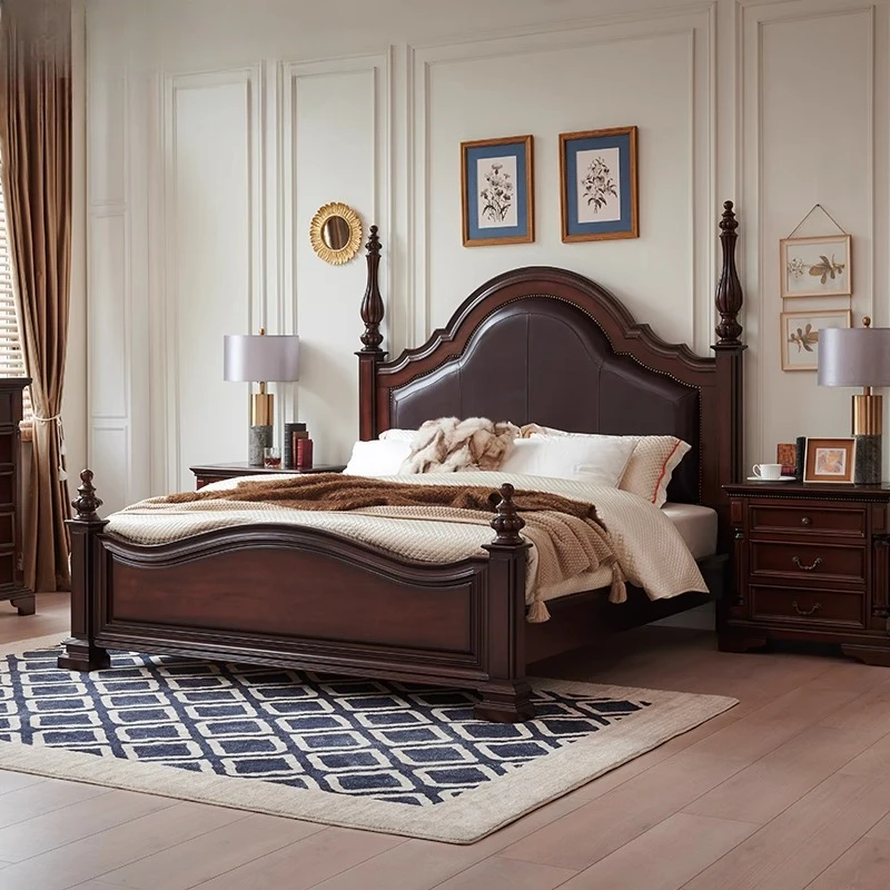 

American solid wood leather bed 1.8 meters double bed rural retro style master bedroom big bed walnut simple beautiful pillar